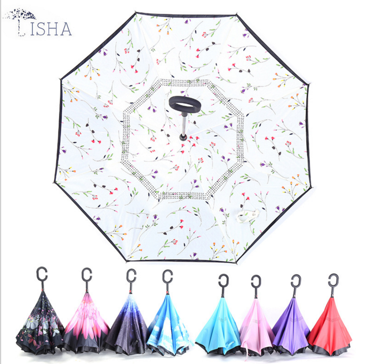 Hot-selling C-shaped handle reverse umbrella, double-layer hands-free, creative and personalized reverse umbrella