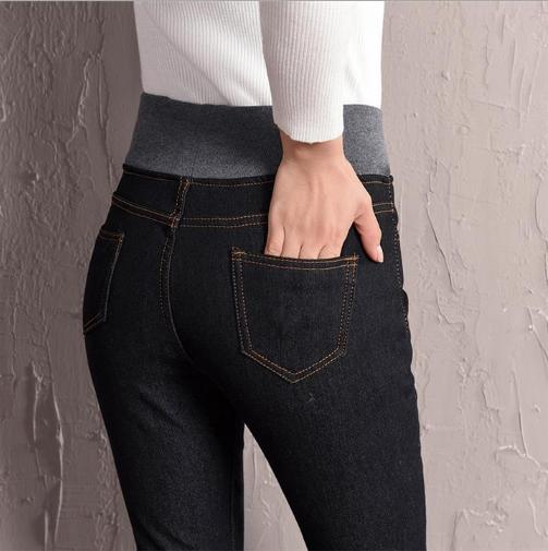 High-waisted elasticated waisted and fleece thickened warm fleece jeans for women Stretch plus-size pencil pants