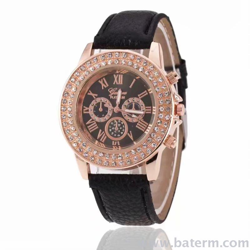 A popular and fashionable Geneva two-row three-eye decorated diamond leather strap ladies' fashion watch quartz watch Specification image