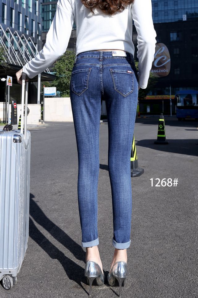 New spring style women's Korean-style slimming and fashionable skinny jeans, long pants, mid-waist cotton elastic women's jeans details Picture