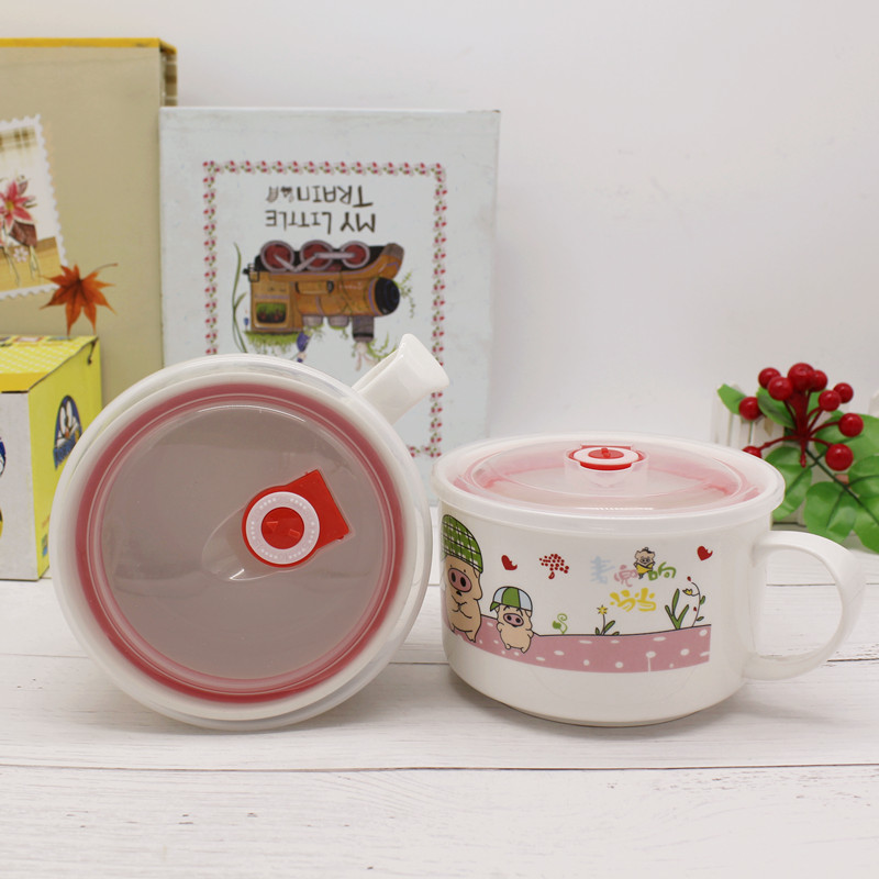 陶瓷密封保鲜盒多功能家用陶瓷泡面碗可微波带柄汤碗批发