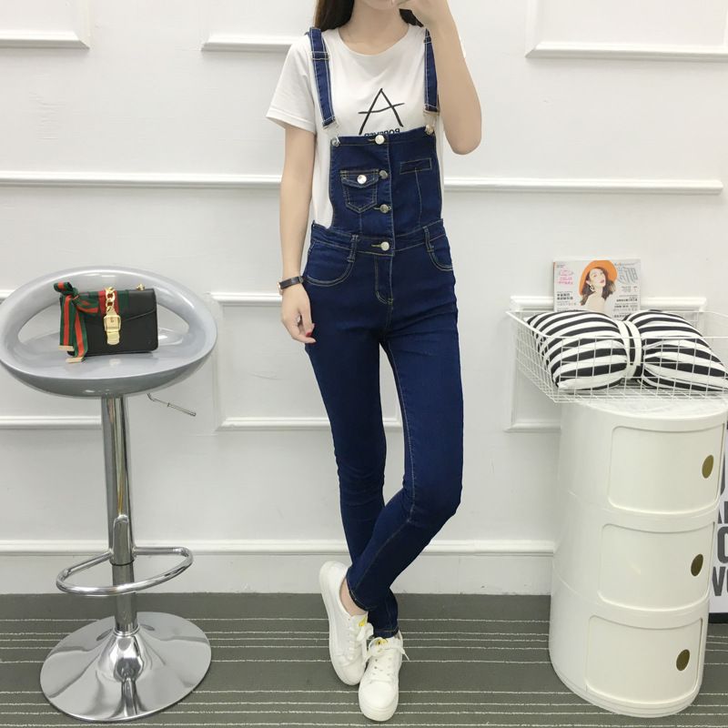 Autumn new Korean-style halter skinny denim overalls for girls, school-style student casual trousers, slimming jumpsuits