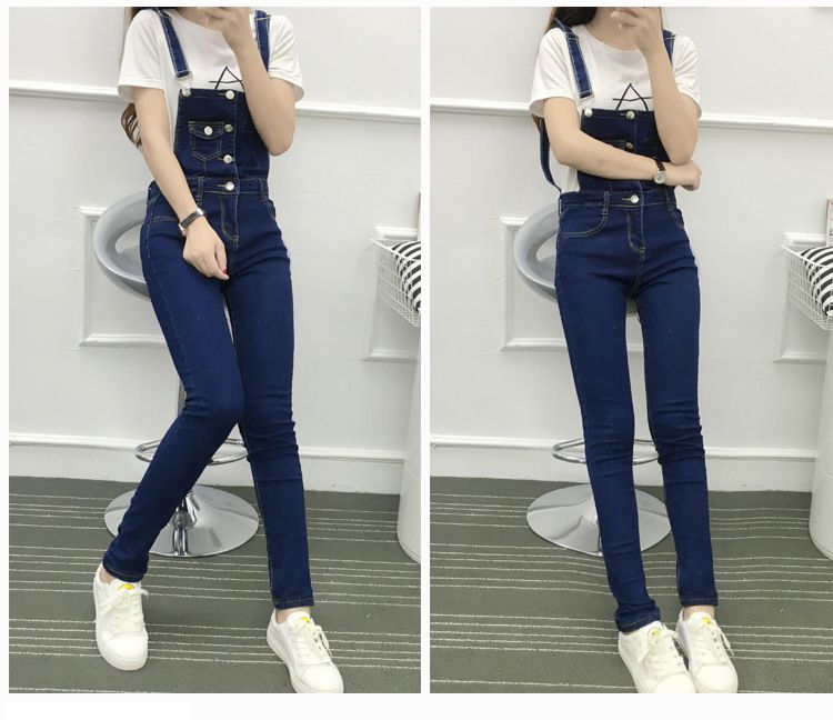 Autumn new Korean-style halter skinny denim overalls for girls, school-style student casual trousers, slimming jumpsuits Specification image