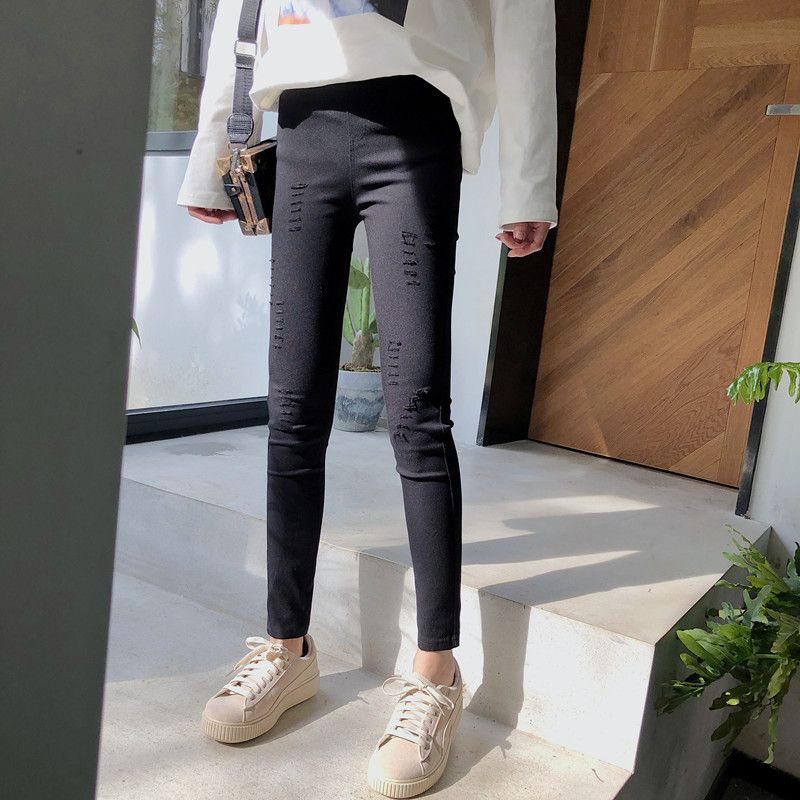 Spring new Korean-style slim-fit, ripped fringed jeans, women's pencil pants and cut-out pants