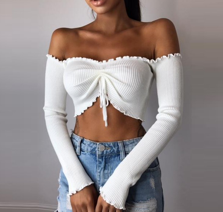 European and American one-shoulder sexy long-sleeved top T-shirt base layer for women details Picture