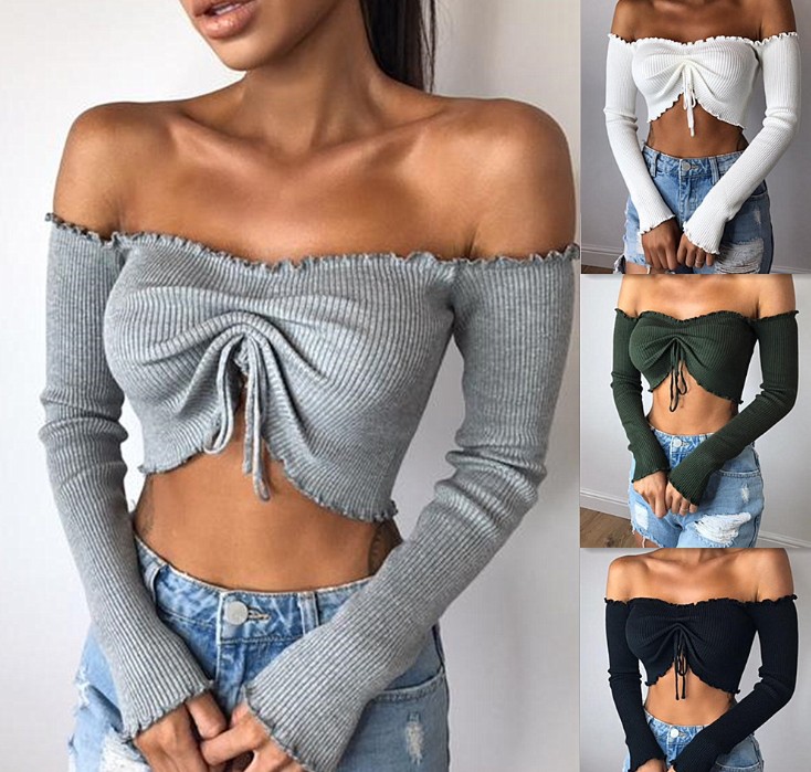 European and American one-shoulder sexy long-sleeved top T-shirt base layer for women