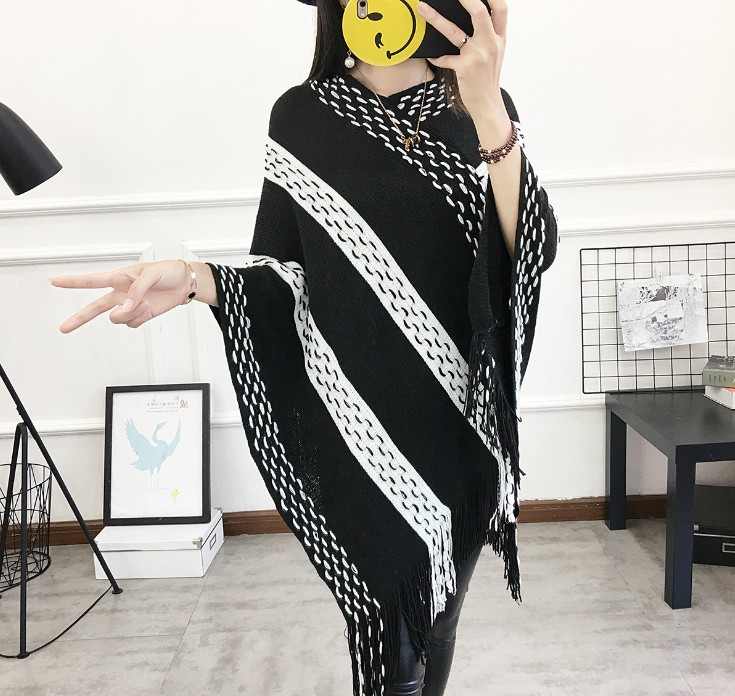 Striped color-blocking large-sized shawl cape knitted sweater, V-neck pullover, European and American sweater for women