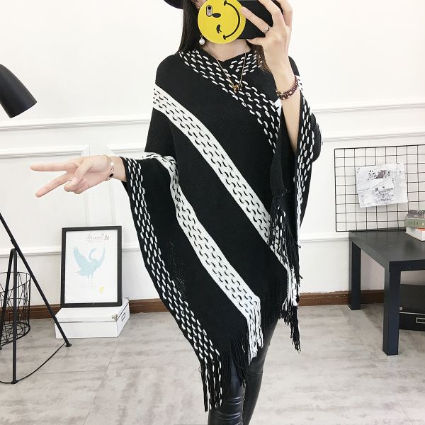 Striped contrast color plus-size cape cape sweater V-neck pullover European and American sweater woman