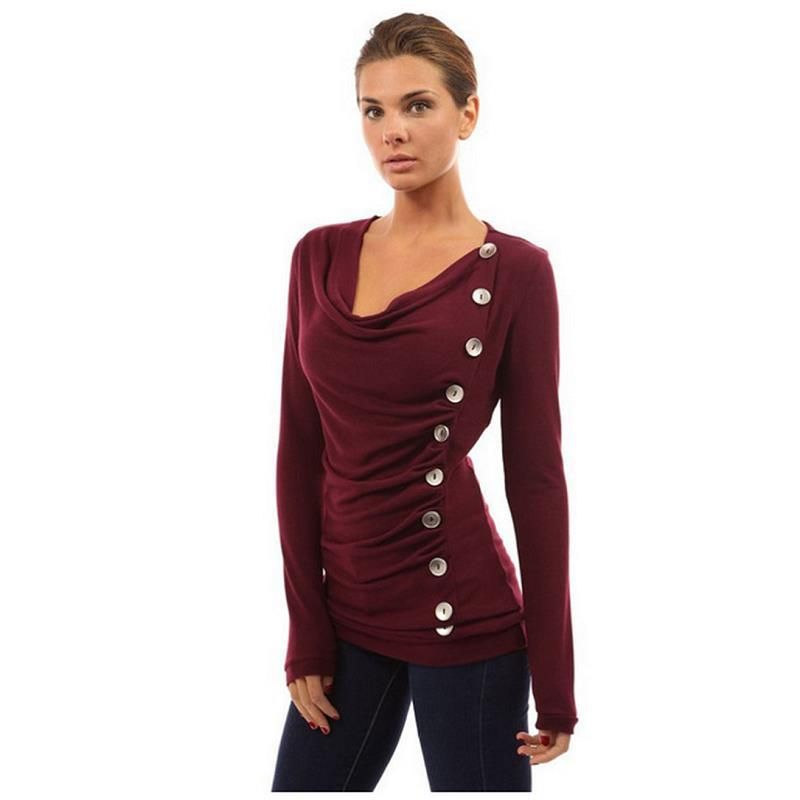 Amazon's best-selling European and American foreign trade women's button solid-color long-sleeved T-shirt