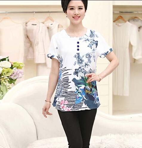 Summer short-sleeved T-shirt mother wear round neck color loose T-shirt plus size top base shirt cotton linen
