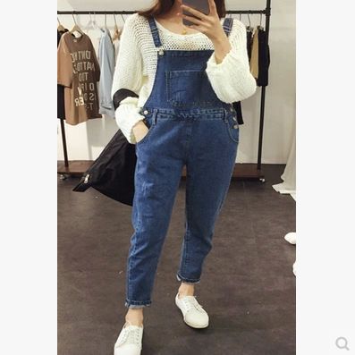 Korean version of fashion wear marks personality big pocket denim overalls denim trousers women