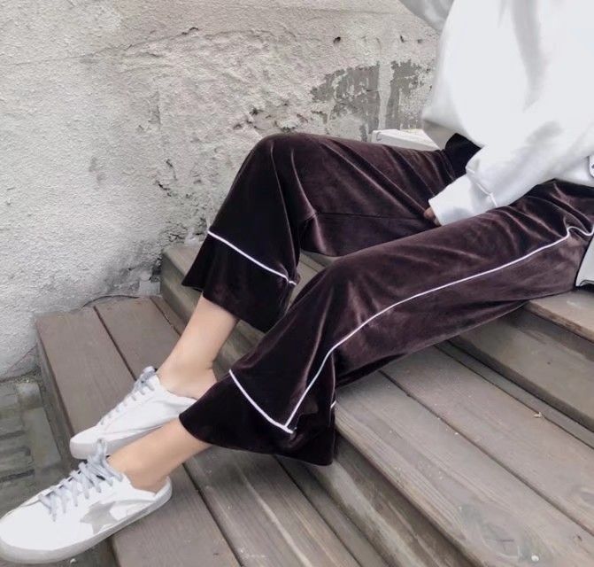 Spring new Korean-style wide-leg pants, high-waisted slightly flared solid color elastic waist velvet casual trousers