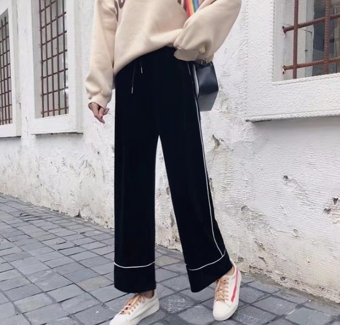 Spring new Korean-style wide-leg pants, high-waisted slightly flared solid color elastic waist velvet casual trousers Specification image