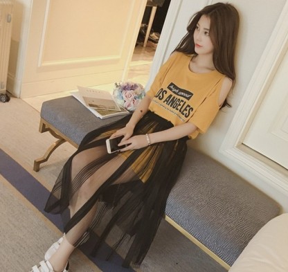 Summer suit dress, off-the-shoulder letter short-sleeved T-shirt dress, women's lace mesh skirt two-piece set