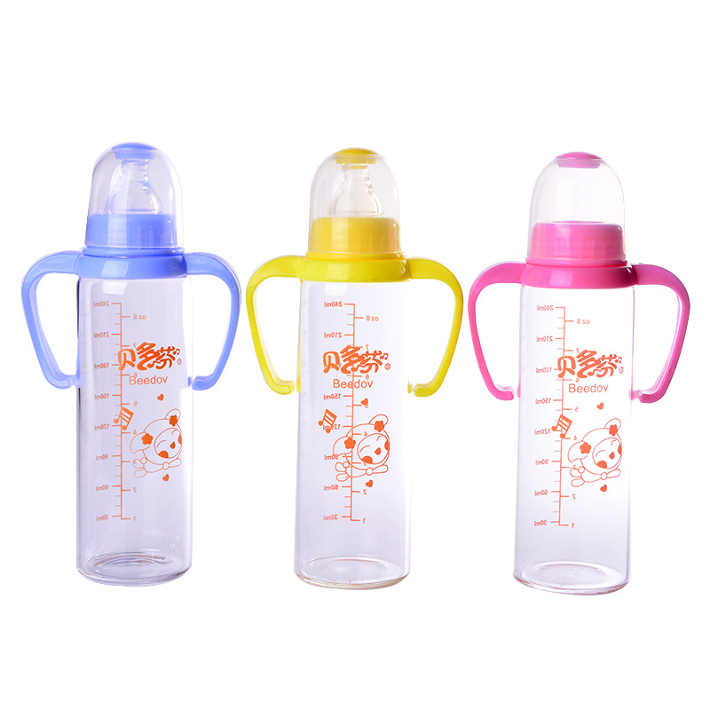 High borosilicate glass baby bottles wholesale with handle anti-drop glass bottles