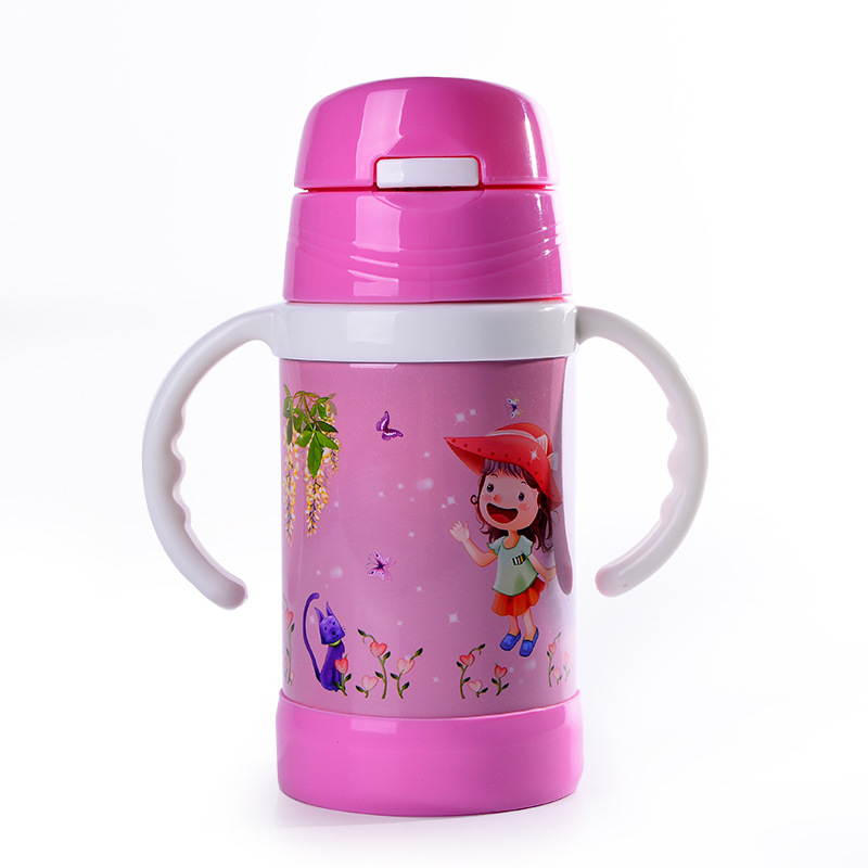 Suministro niños taza de agua aislante acero inoxidable 280ML cartoon pajita hervidor con mango con pajita details Picture
