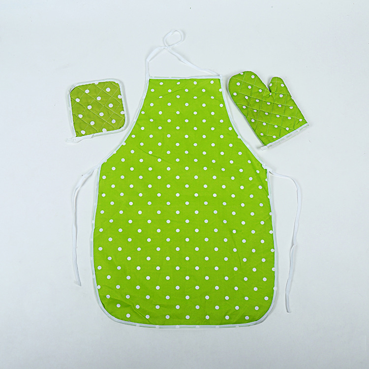 Baking heat resistant multi-functional gloves Korean version of simple green polka dot apron three-piece manufacturer direct sale thumbnail