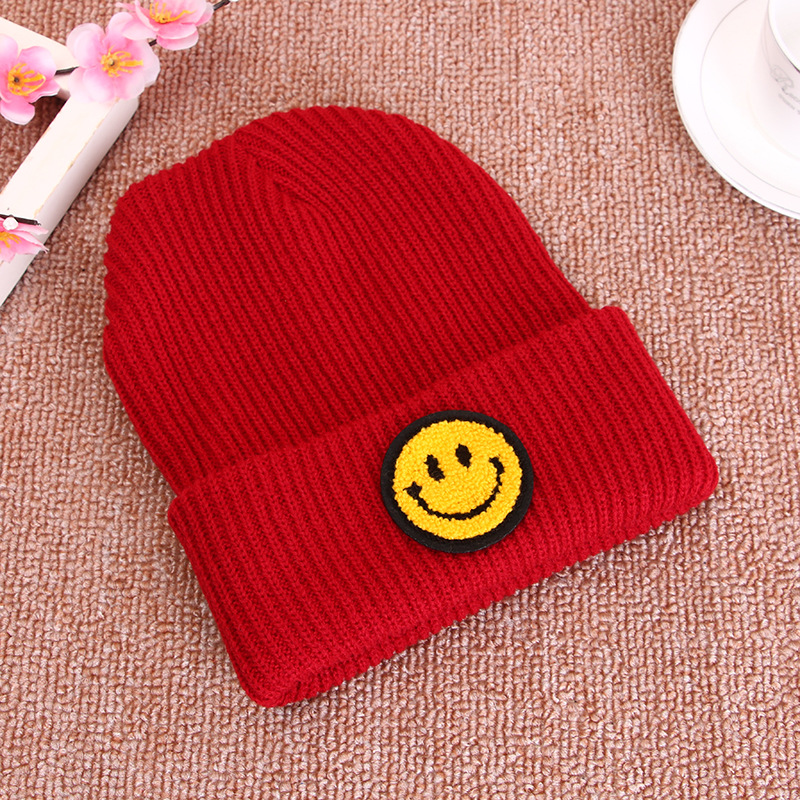 Woolen hats, thick pullover caps for both men and women, with flanged smiling faces and labels, wholesale for students details Picture