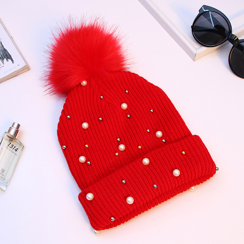 Korean women's autumn and winter fashion beaded knitted hat, thickened pom-pom hat 2017 new style wholesale Specification image