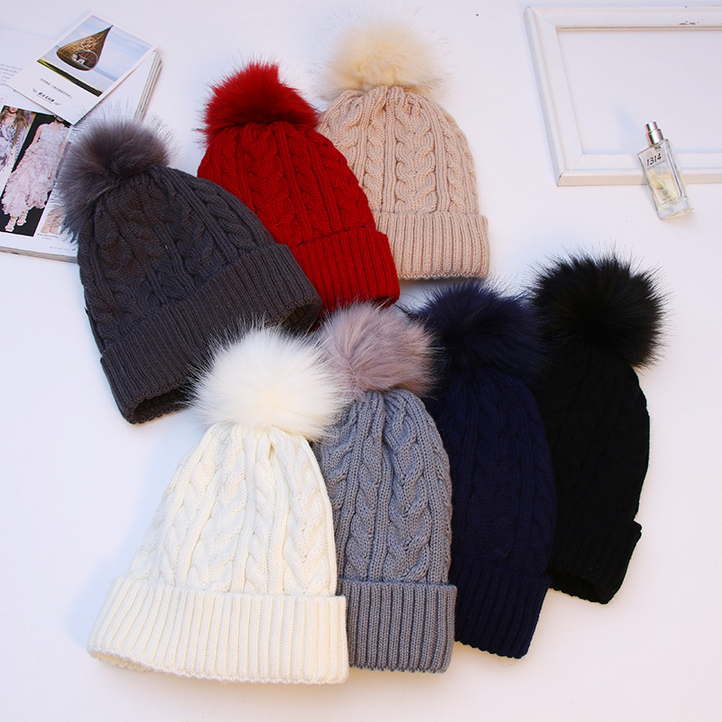 Autumn and winter large woolen ball thickened and fleece double-layer woolen outdoor knitted hat accessories in stock, female style and student wholesale
