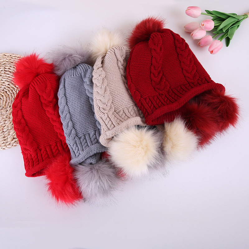 Korean version women's thickened winter double-layer fashionable knitted hat with 3 pom-poms and warm strings is in stock for wholesale Specification image