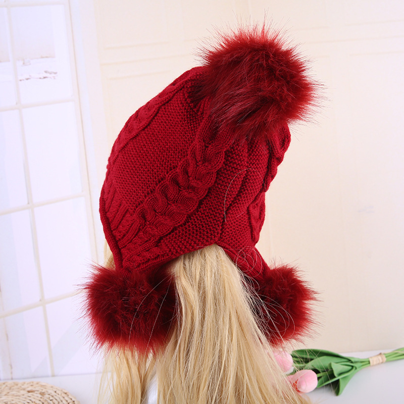 Korean version women's thickened winter double-layer fashionable knitted hat with 3 pom-poms and warm strings is in stock for wholesale details Picture