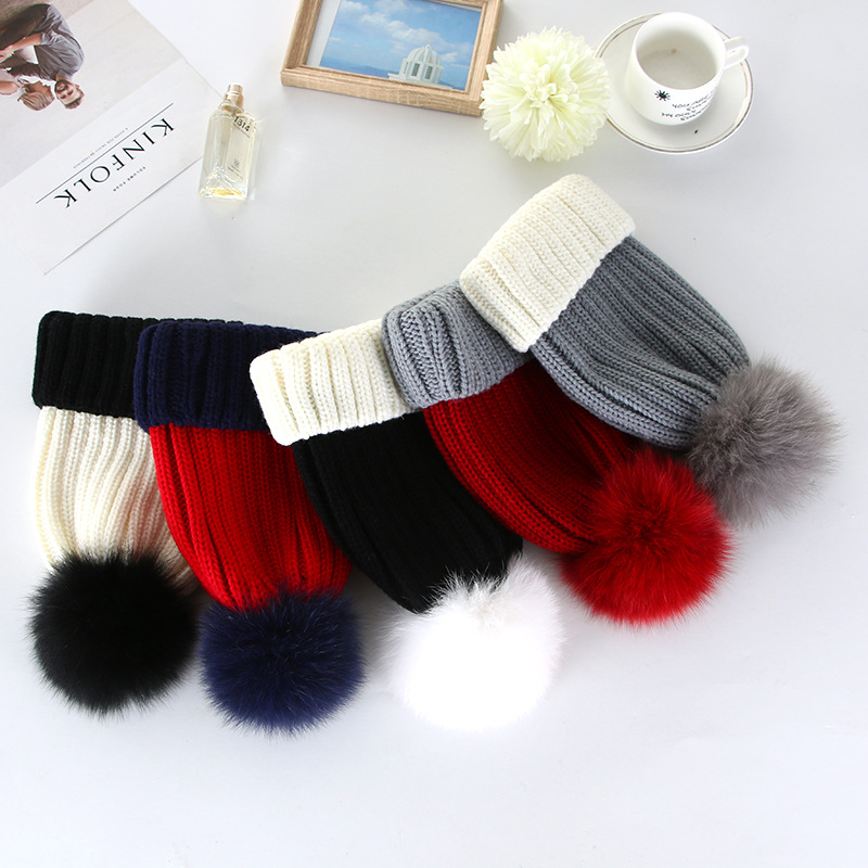 2017 Korean version women's knitted hat, parent-child hat, Seven-color fox fur ball warm and thickened woolen hat New product wholesale details Picture