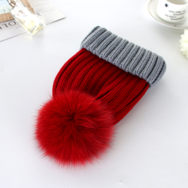 2017 Korean version women's knitted hat, parent-child hat, Seven-color fox fur ball warm and thickened woolen hat New product wholesale Specification image