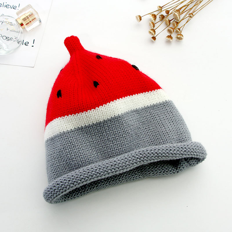 New Korean version children's knitted caps for autumn and winter, handcrafted watermelon-rolled warm woolen caps for boys, girls and babies, in stock Specification image