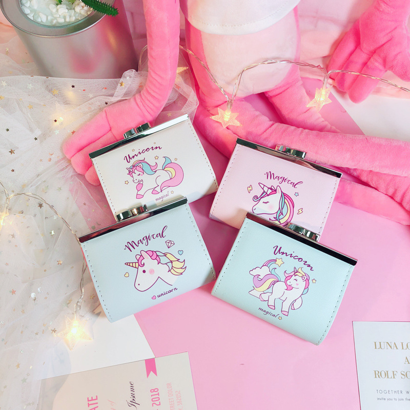 创意款卡通独角兽PU仿皮零钱位卡包女短款可爱搭扣学生钱包