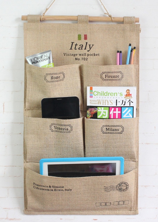 Wall-mounted jute fabric hanging storage bags, mobile phone hanging bags, dormitory storage hanging bags details Picture