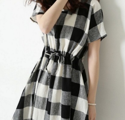 New women's wear Korean plaid black and white check cotton hemp dress loose skirt skirt