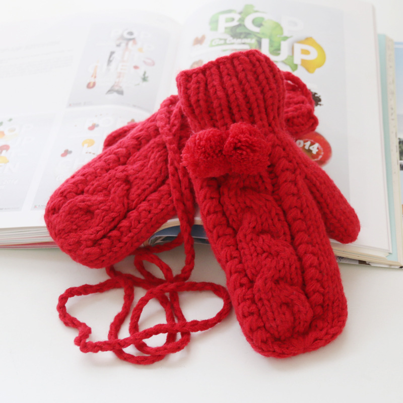 Handcrafted Korean version of knitting wool lovely big ball mahua female students in autumn and winter thick warm hanging neck gloves thumbnail