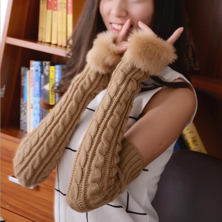 Korean version of mahua gloves super long rabbit fur winter fur knitting half finger dew finger warm gloves thumbnail