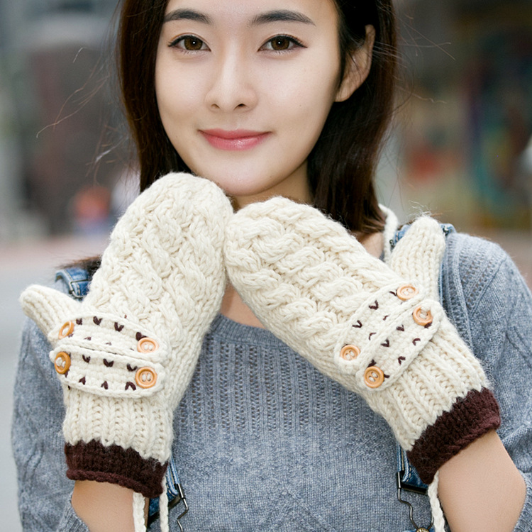 Hand-woven woolen gloves for winter cycling girls finger knitted gloves for autumn and winter with extra thickness and fleece to keep warm thumbnail