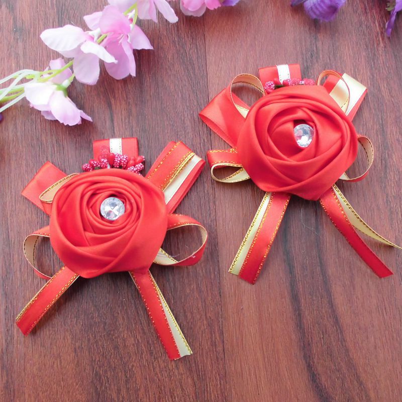 Wholesale of wedding supplies, bride and best man corsages, Korean-style creative simulation hand flower ribbons for weddings Specification image