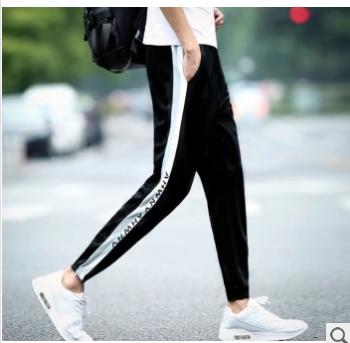 New autumn men's sweatpants, European and American contrasting color striped ribbon tapered men's elastic and casual pants details Picture