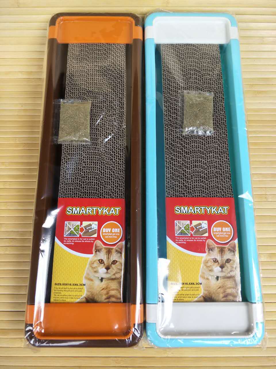 Cat toys: Corrugated cat scratch boards, catnip toys, and feline blue British Shorthair toys for cats to kill time