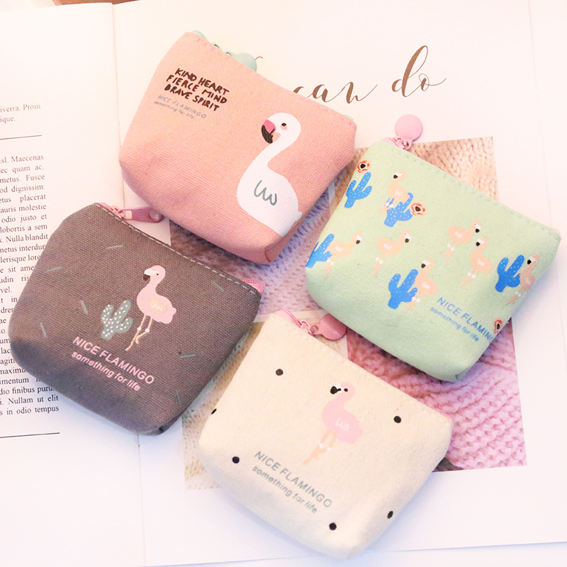 1042韩国小清新火烈鸟零钱包简约可爱帆布布艺小零钱包卡通硬币包
