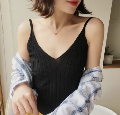 V-neck striped tank top simple slim-fit sleeveless knit bottom halter tank top for women