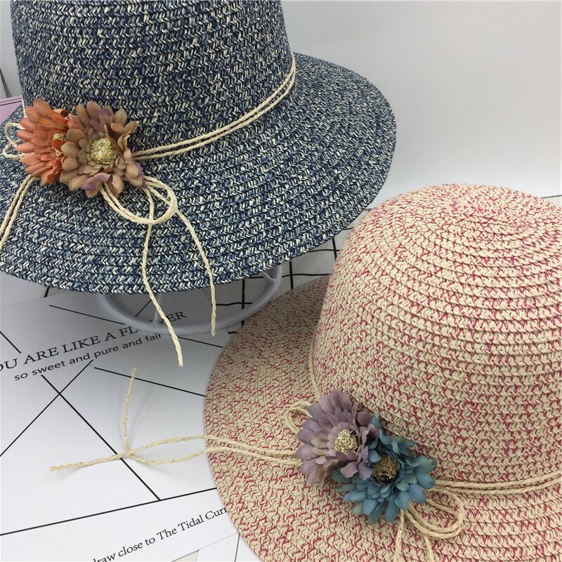 Korean version of bright pink flower straw hat women's summer hat folding sun hat uv sun hat beach hat thumbnail