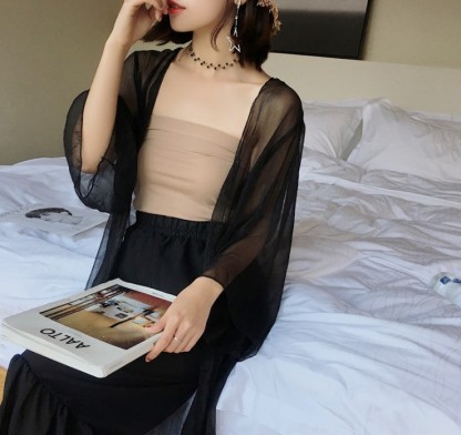 Wanwan's same style sun-protective clothing, flared sleeve see-through shirt, chiffon retro long cardigan, with an extended version worn over it details Picture