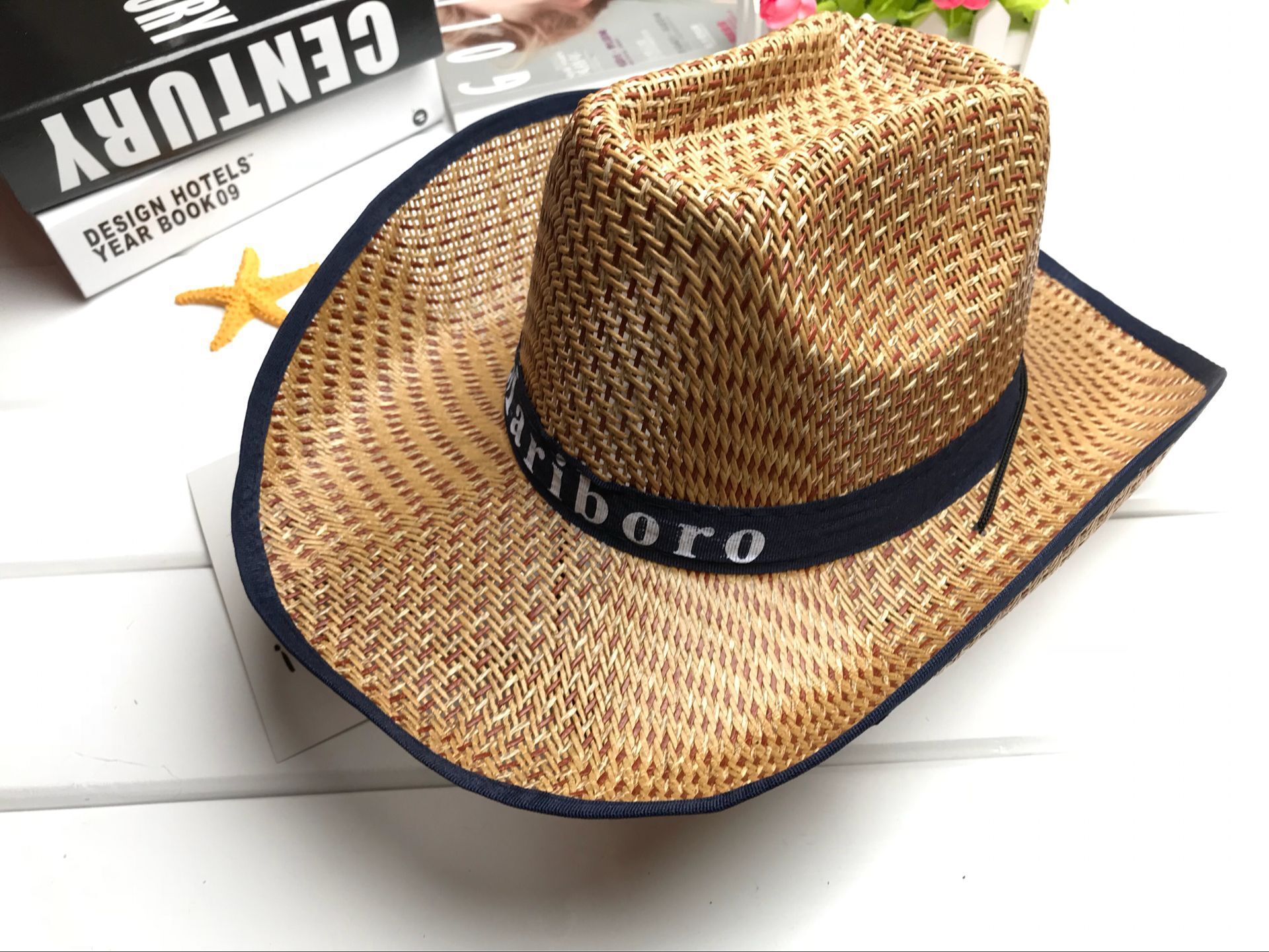 Summer wide-brimmed hats, western cowboy hats, straw woven bamboo mat sun hats, men's and women's rolled-up letter fishing hats wholesale details Picture