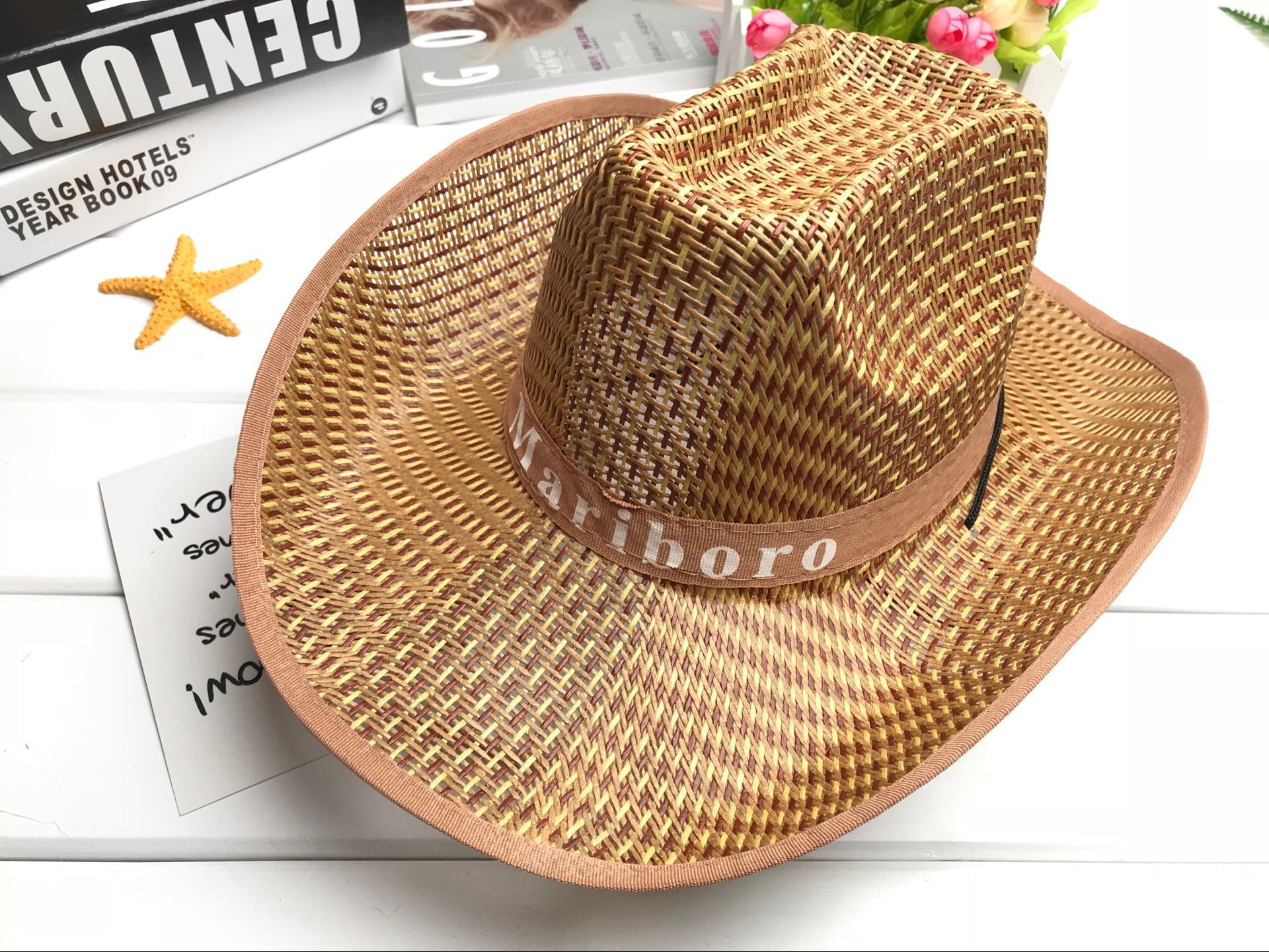 Summer wide-brimmed hats, western cowboy hats, straw woven bamboo mat sun hats, men's and women's rolled-up letter fishing hats wholesale Specification image
