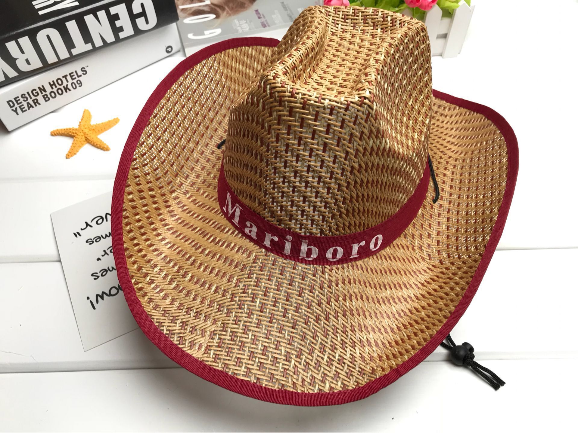 Summer wide-brimmed hats, western cowboy hats, straw woven bamboo mat sun hats, men's and women's rolled-up letter fishing hats wholesale