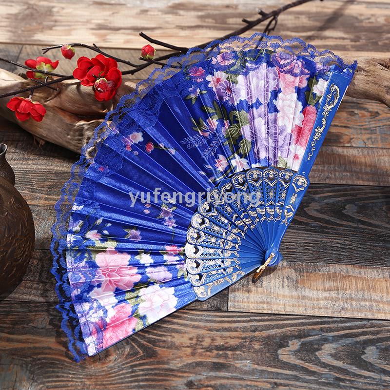 厂家直销西班牙彩杆绸缎大花边蕾丝扇舞蹈扇