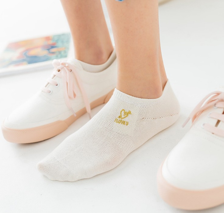 新品船袜 女 日系爱心刺绣隐形袜纯棉薄款浅口束腰女袜子