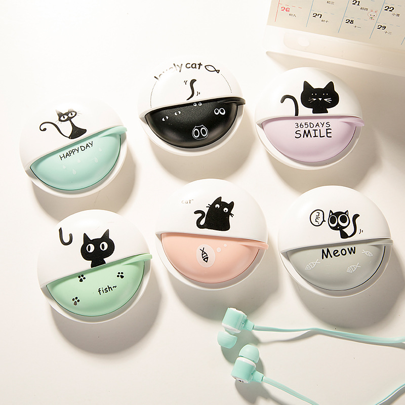 韩版可爱创意女生猫咪入耳式手机线控耳机通用 带耳机盒带麦