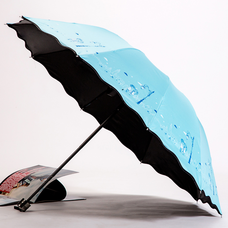 3311 新款情侣路灯印花荷叶厂家直销黑胶防晒晴雨伞