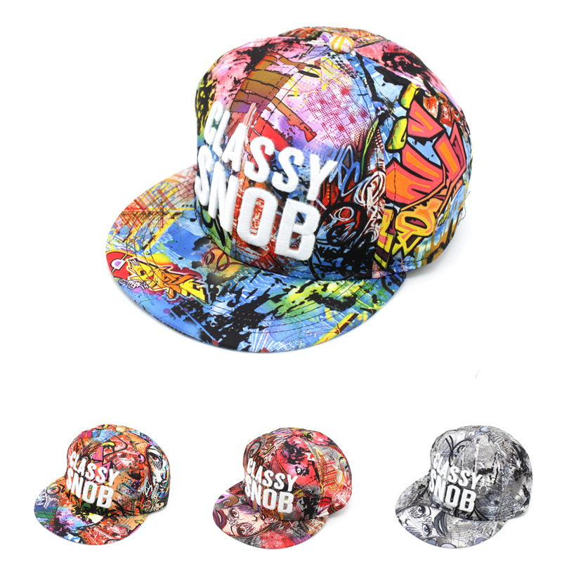 帽子批发 新韩版平沿帽子花布刺绣字母CLASSY SNOB嘻哈帽子